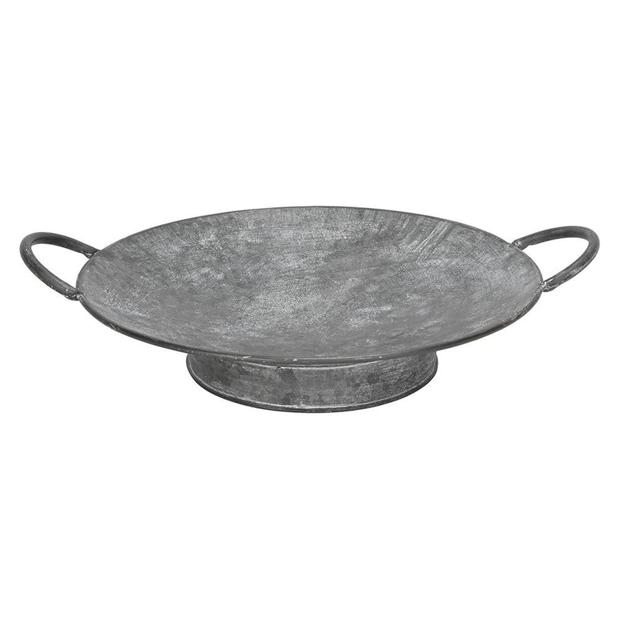JUNKER szürke bádog tál 32 cm átmérővel, két oldalsó füllel, rusztikus, antikolt felülettel, vidéki stílusú lakberendezéshez.