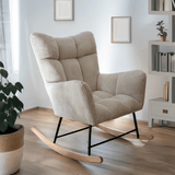 Bézs színű, kordbársony hatású szövettel kárpitozott design hintaszék.