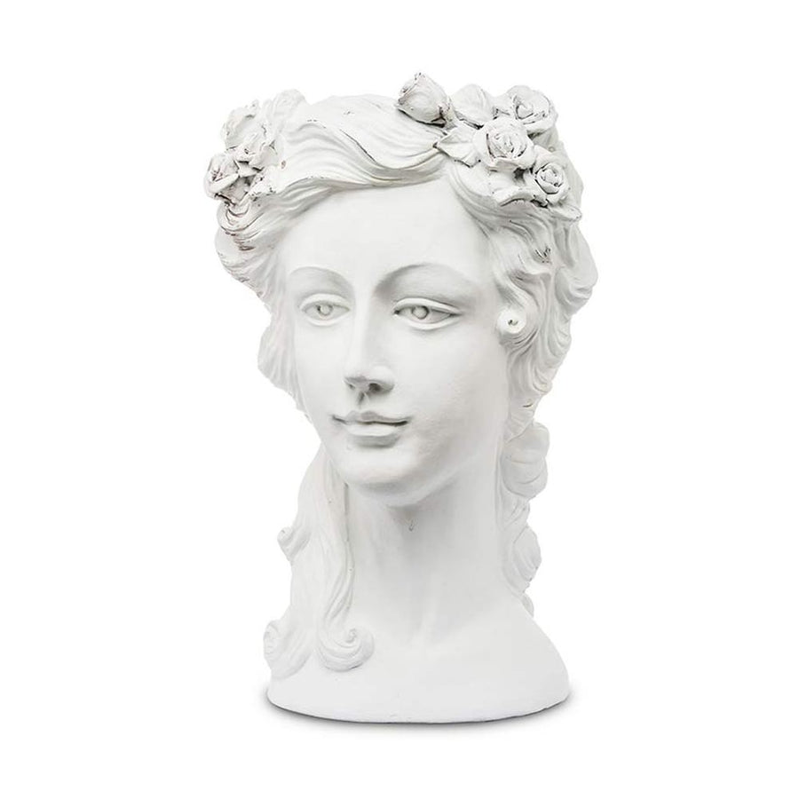 Női fejszobrot mintázó,, beültethető, fehér színű kaspó büszt..