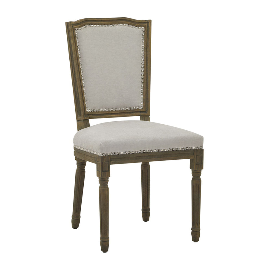 Világosszürke színű szövettel kárpitozott, koloniál stílusú kézműves étkezőszék.