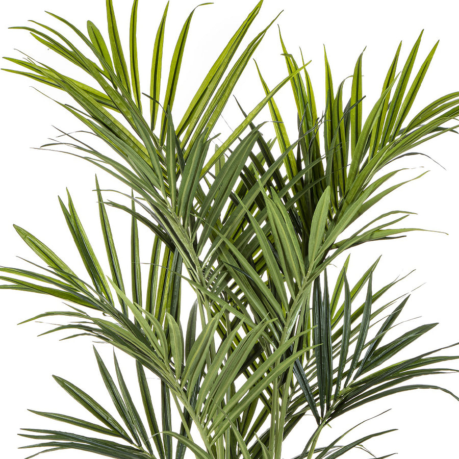 Realisztikus levelű KENTIA mű pálma közelről.