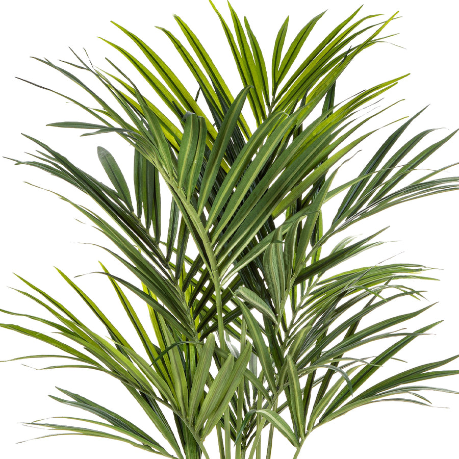 Realisztikus levelű KENTIA mű pálma közelről.