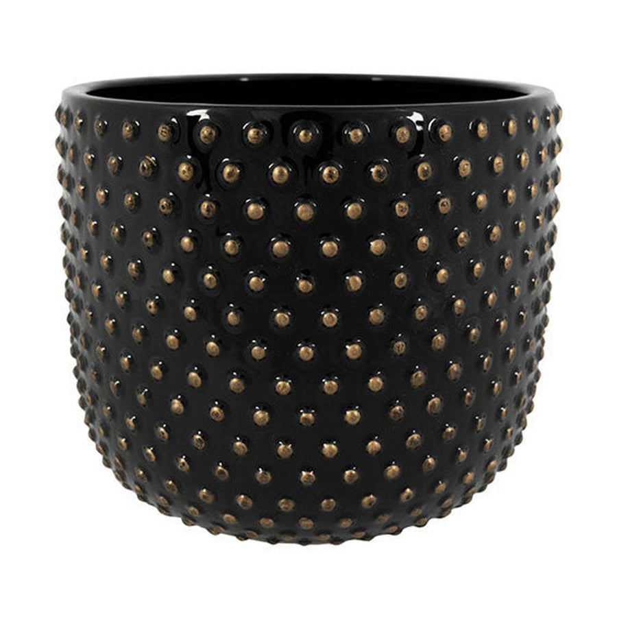 Fekete színű, mázas kerámiából készült kaspó.