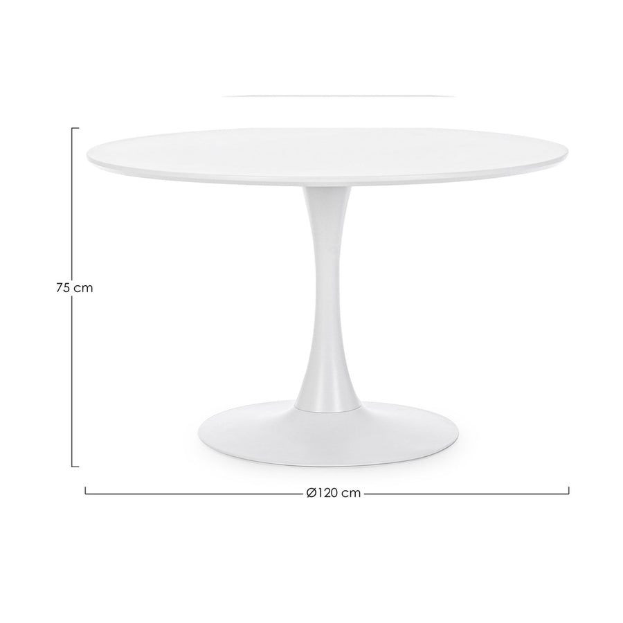 Fehér színű, kerek formájú, 6 személyes étkezőasztal.