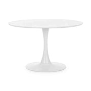 Fehér színű, kerek formájú, 6 személyes étkezőasztal.