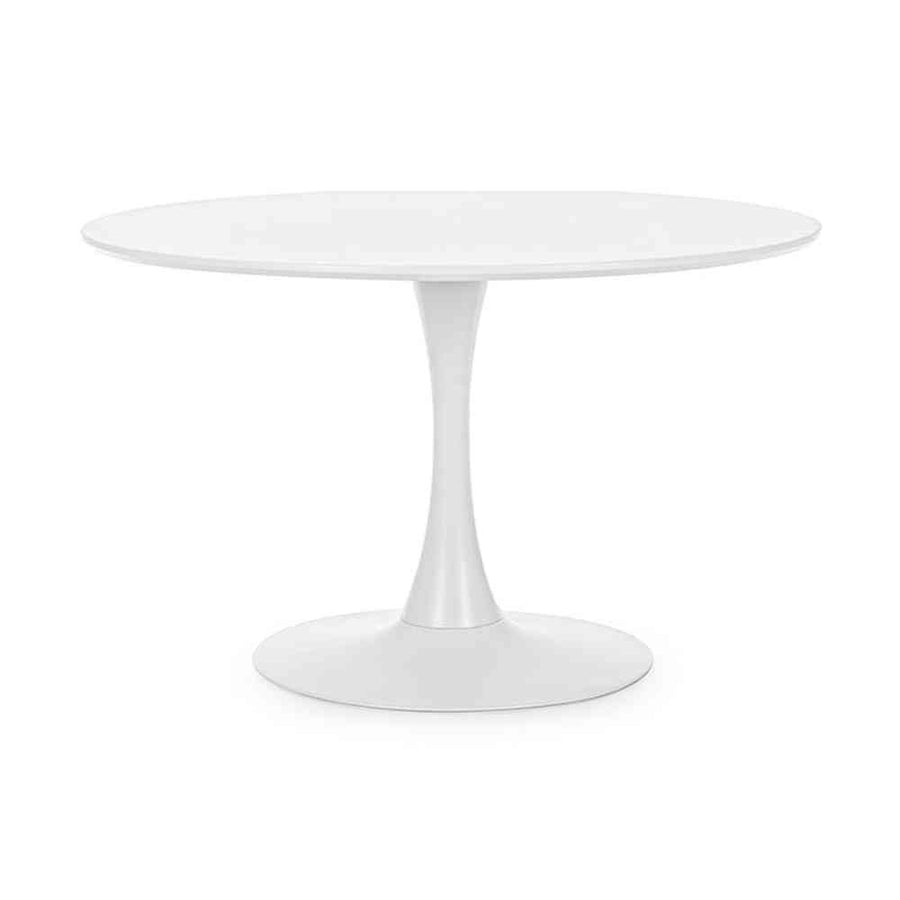 Fehér színű, kerek formájú, 6 személyes étkezőasztal.