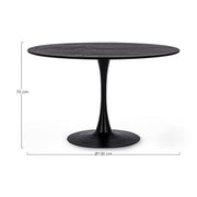 Fekete színű, kerek formájú, 6 személyes étkezőasztal.