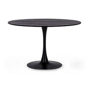 Fekete színű, kerek formájú, 6 személyes étkezőasztal.
