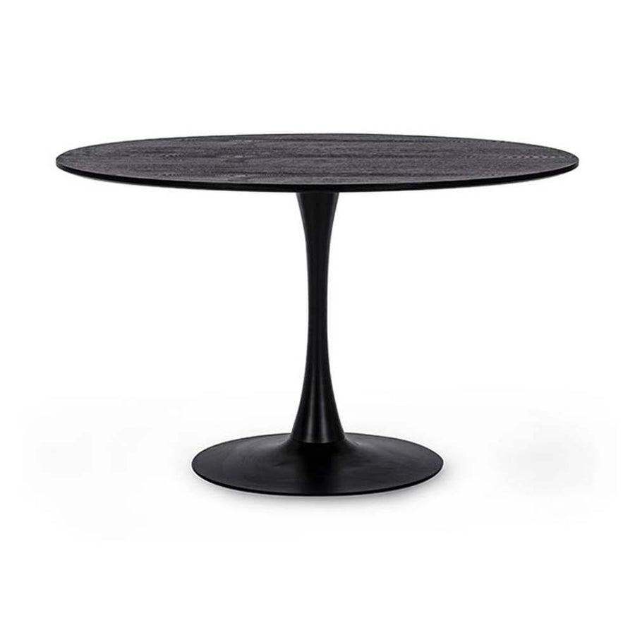 Fekete színű, kerek formájú, 6 személyes étkezőasztal.