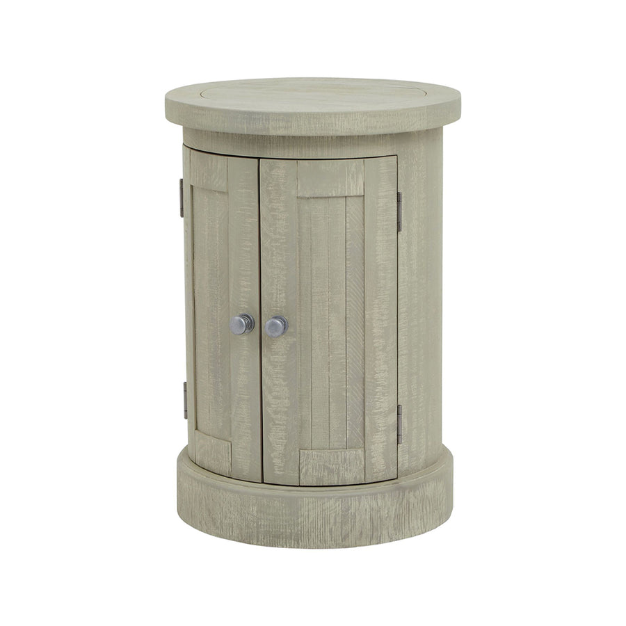 Tömör fenyőfából készült, mosott szürke színű, pácolt kisszekrény.