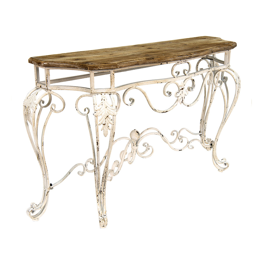 Antikolt fémből készült, krémszínű konzolasztal, rusztikus fa asztallappal.