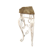 Antikolt fémből készült, krémszínű konzolasztal, rusztikus fa asztallappal.