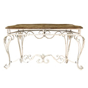 Antikolt fémből készült, krémszínű konzolasztal, rusztikus fa asztallappal.