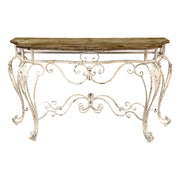 Antikolt fémből készült, krémszínű konzolasztal, rusztikus fa asztallappal.