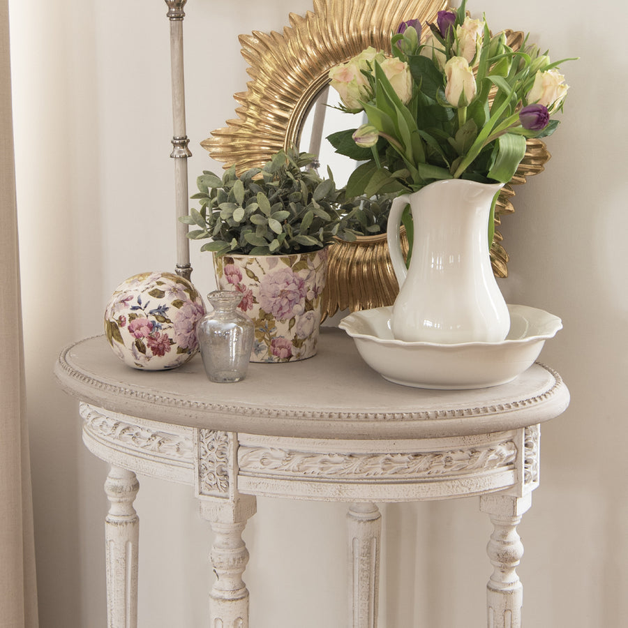 antikolt, patinás felületű, fehér színű, fa konzolasztal