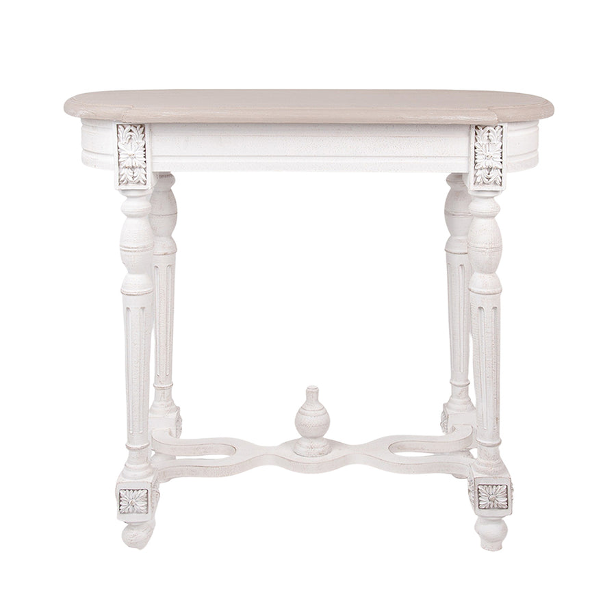 Antikolt, patinás felületű, fehér színű, fa konzolasztal.