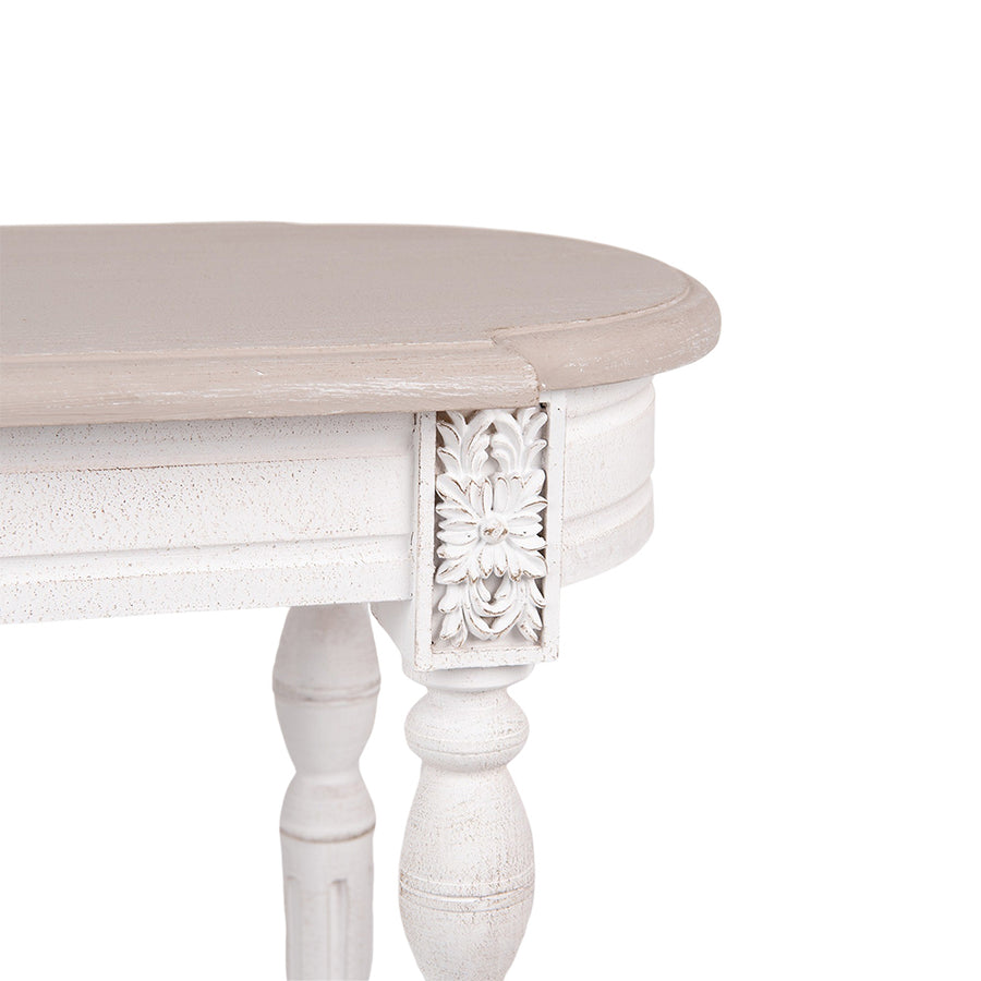 Antikolt, patinás felületű, fehér színű, fa konzolasztal.