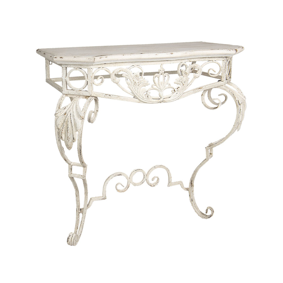 Antikolt fémből készült, krémszínű konzolasztal, rusztikus fa asztallappal.