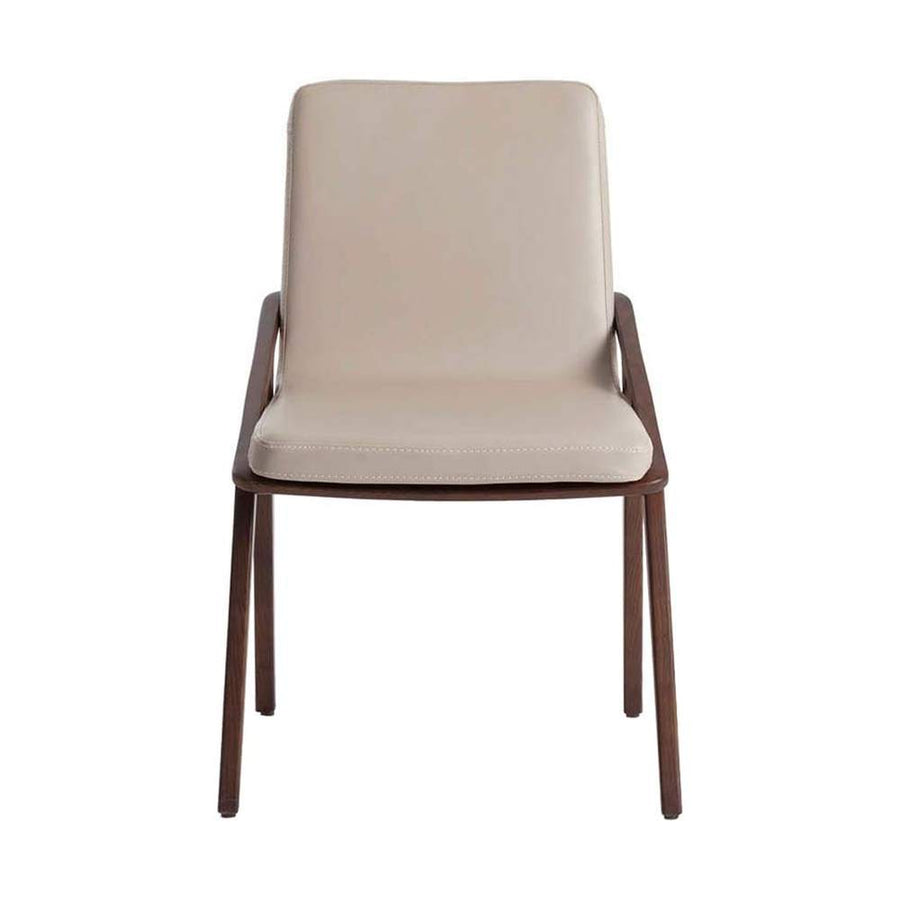 Bézs színű műbőrrel kárpitozott, kőrisfából készült, formatervezett dizájn étkezőszék.