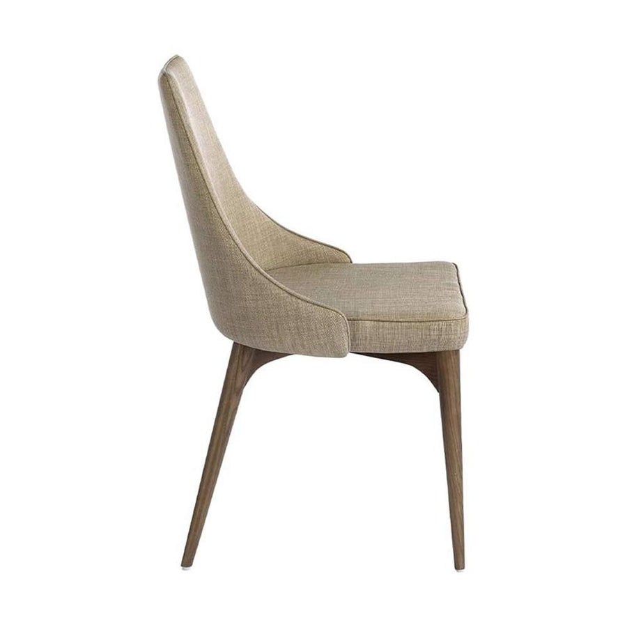 Bézs színű szövettel kárpitozott, kőrisfából készült, formatervezett dizájn étkezőszék.