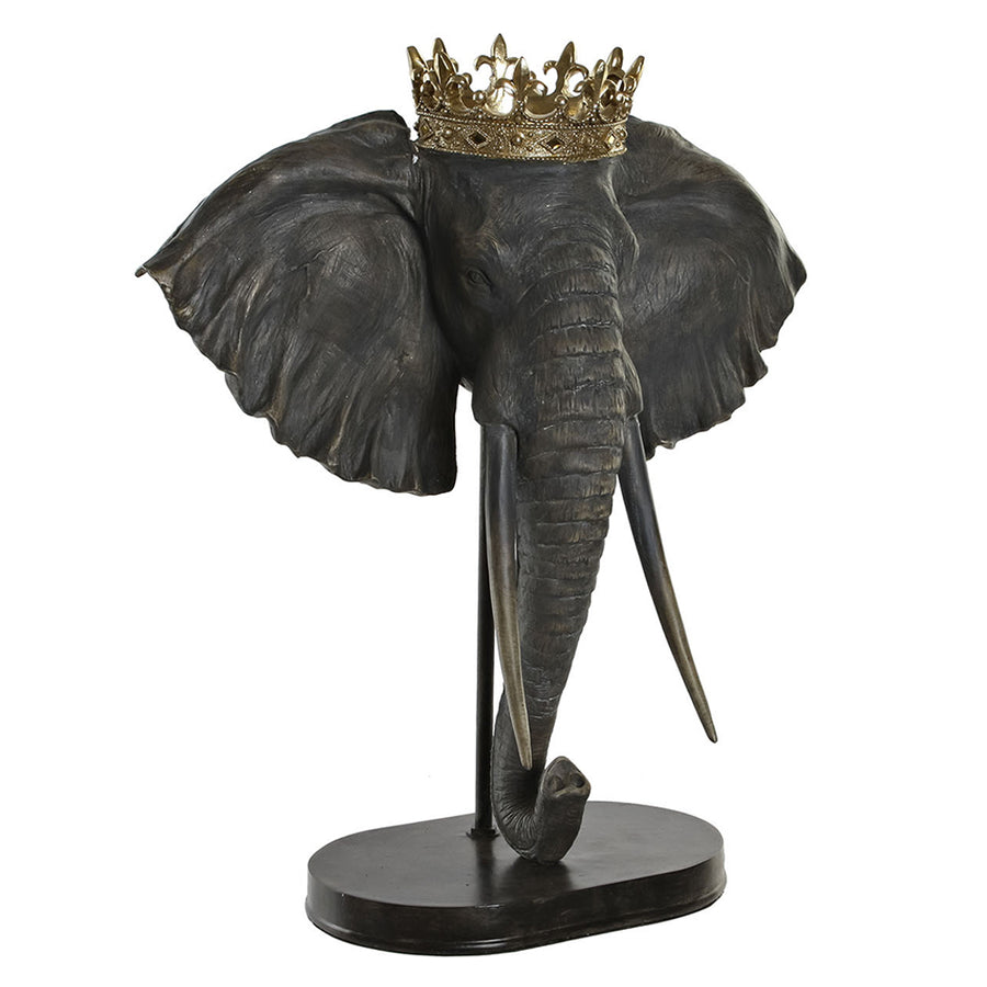 Szürke színű koronás elefánt figura, fekete talapzaton.
