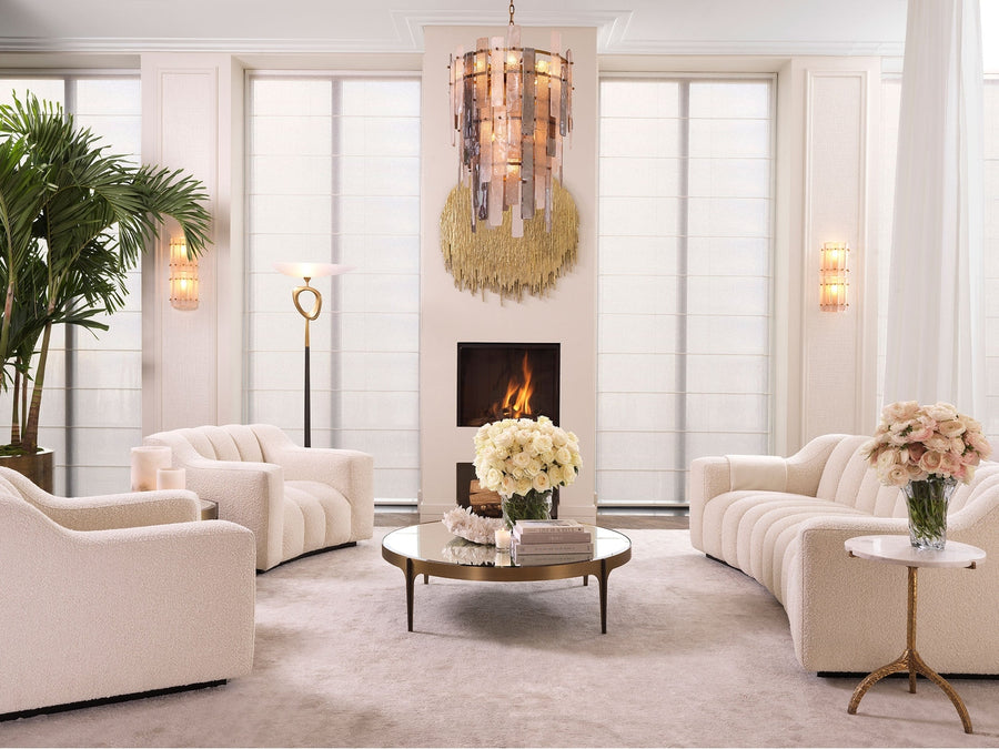 Krémszínű buklé szövettel kárpitozott óriás dizájn kanapé.