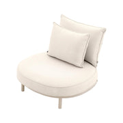 Törtfehér színű ülő és hátpárnákkal kialakított, kör formájú, formatervezett kerti design fotel .