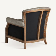 Hátulnézet: Szürke kárpitozású fotel kőrisfa kerettel és fekete hátlappal.