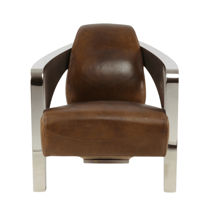 Elölnézeti fotó a Le Rutilant dohánybarna bőrfotelről modern formatervezéssel