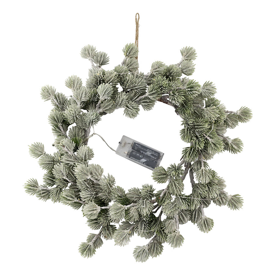 Melegfehér fényű LED-el felszerelt, mű cédrus fenyő koszorú.