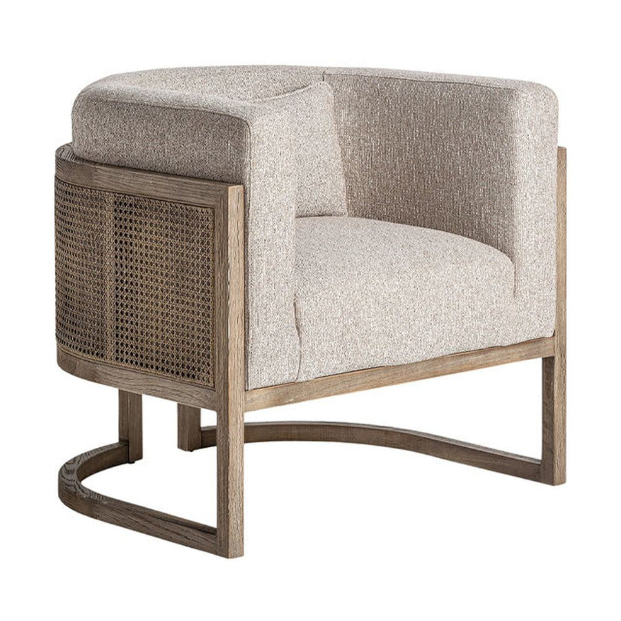 Art deco ihletésű, natúr színű kőrisfából készült, rattan betétekkel kialakított, bézs színű szövettel kárpitozott, formatervezett kortárs fotel.