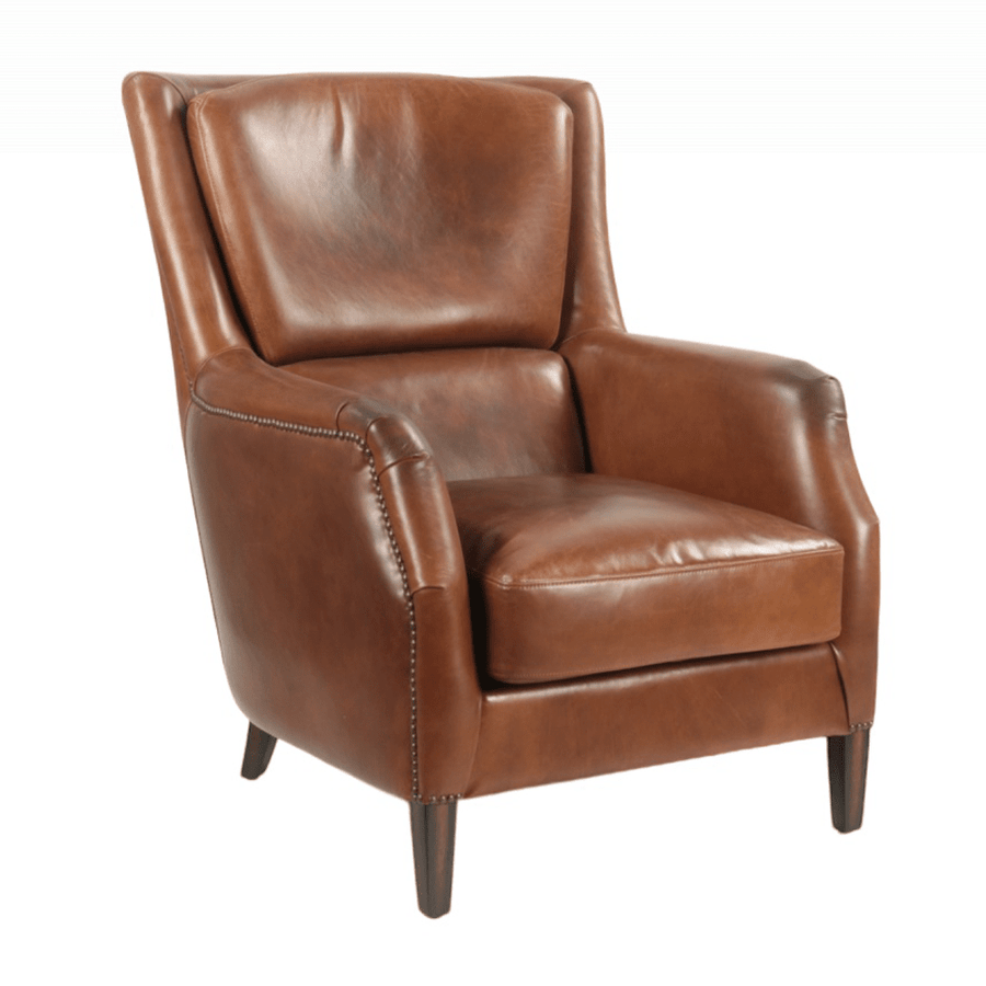 Dohánybarna, magas háttámlás vintage bőrfotel Havana marhabőr kárpittal, klasszikus könyvtári stílusban