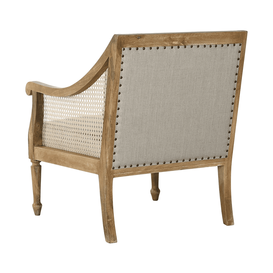 Hátoldal – bézs vászon kárpit szegecssorral díszítve, masszív fa vázzal.