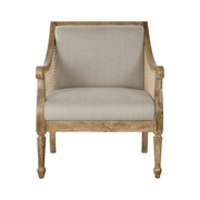 Elölnézet – LINA bézs mangófa fotel koloniál stílusban, vászonkárpitozással.