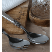 Antik pezsgőszínű, akril nyéllel rendelkező, vintage stílusú salátás villa és kanál szett .