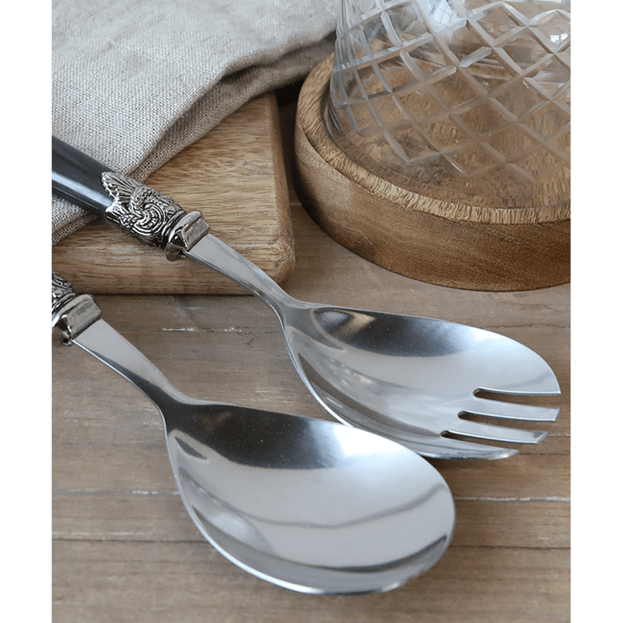 antik szén színű, akril nyéllel rendelkező, vintage stílusú salátás villa és kanál szett