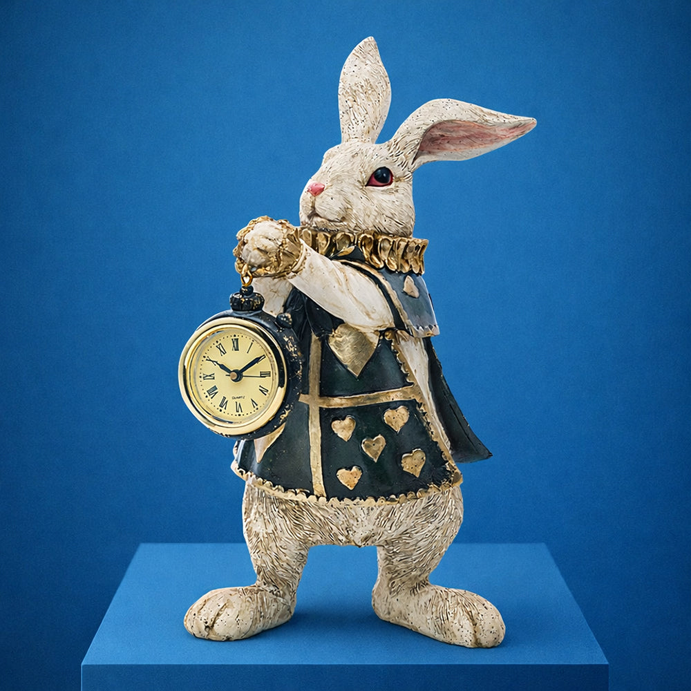 Lord Robin nyuszi figura órával, viktoriánus ihletésű dekoráció kék háttéren