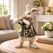 Lord Robin nyuszi figura órával, vintage hangulatú lakberendezési kiegészítő enteriőrben