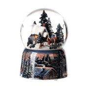 Karácsonyi zenélő-forgó hógömb, téli tájban suhanó lovas szánnal.