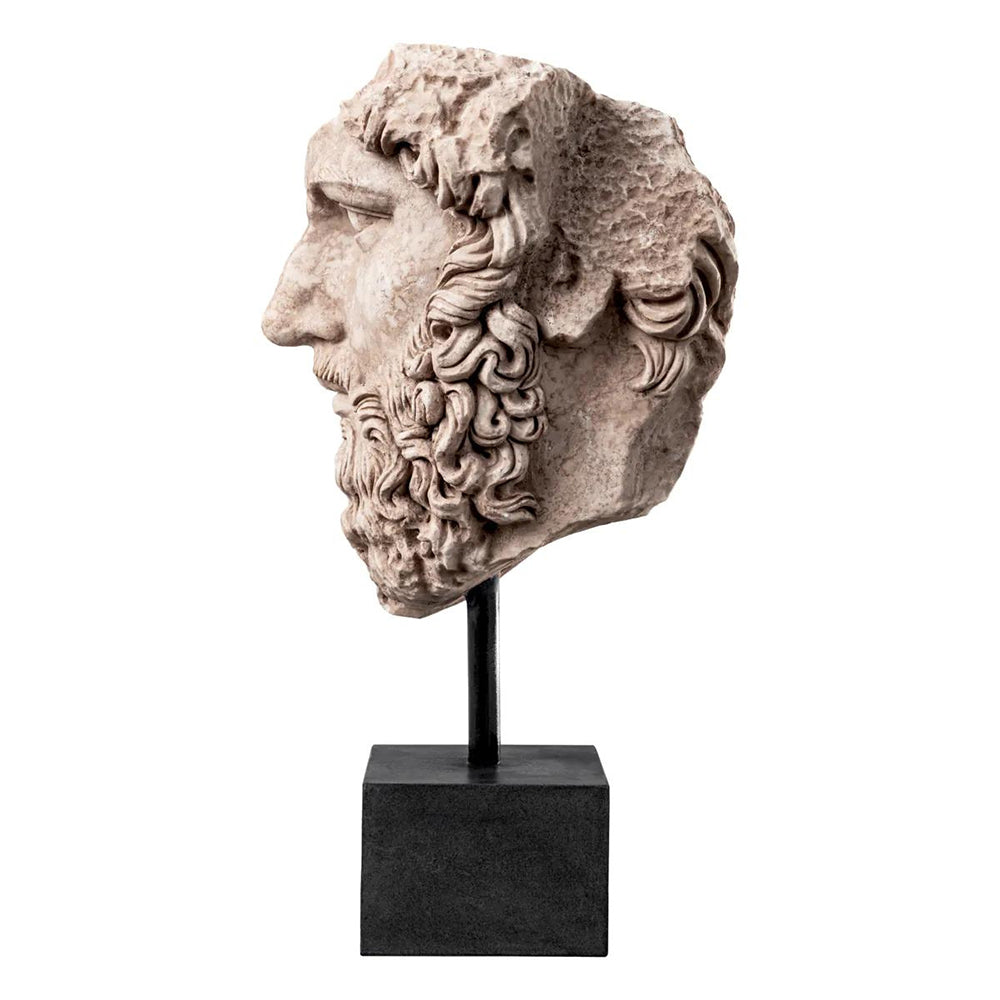 Márványból faragott, klasszikus, ókori stílusú, Lucius Verus büszt, fekete fém talapzaton.