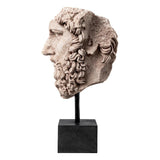 Márványból faragott, klasszikus, ókori stílusú, Lucius Verus büszt, fekete fém talapzaton.