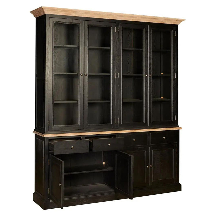 Amerikai tölgyfából készült, fekete színű, nagy vitrines szekrény.