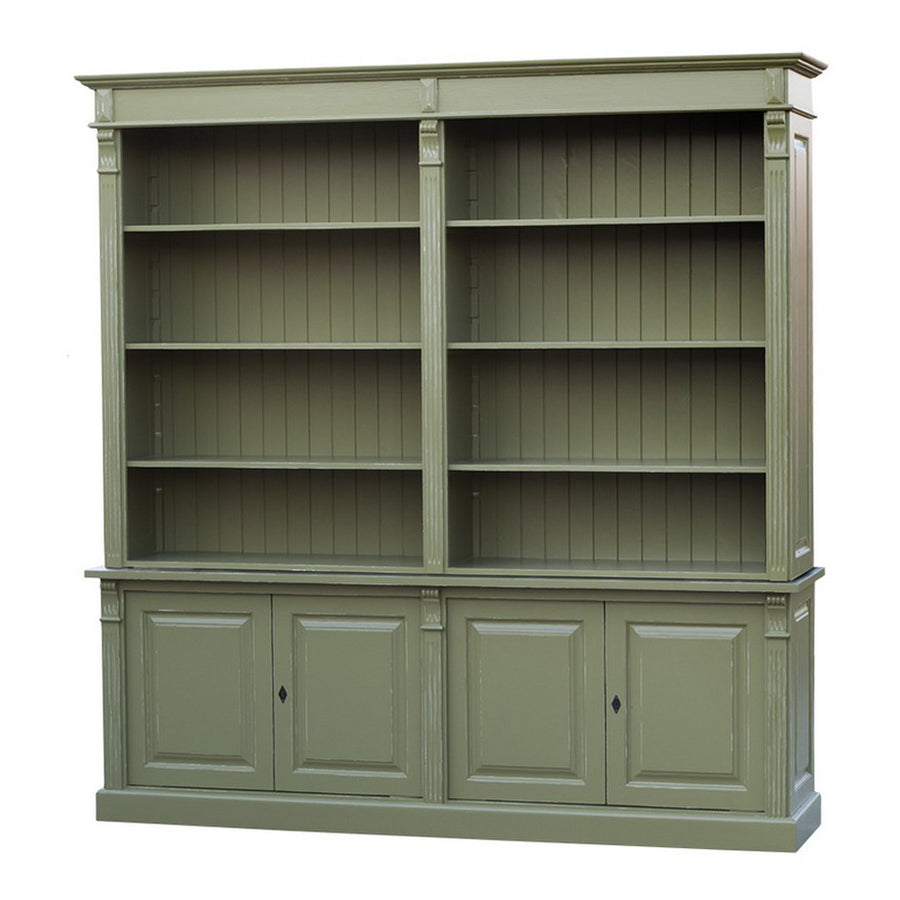 Zöldre festett fenyőfa könyvszekrény létra nélkül, zárt alsó résszel és nyitott felső polcokkal.