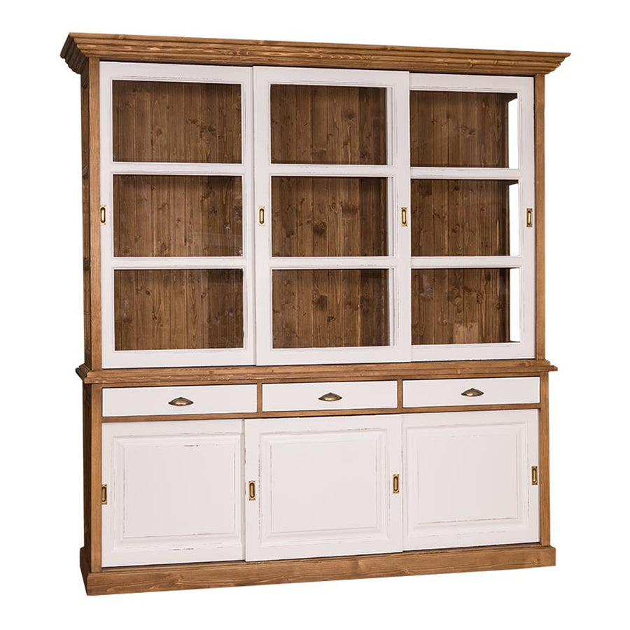 MAISON vitrines tálalószekrény natúr és fehér kivitelben, elölnézetből.