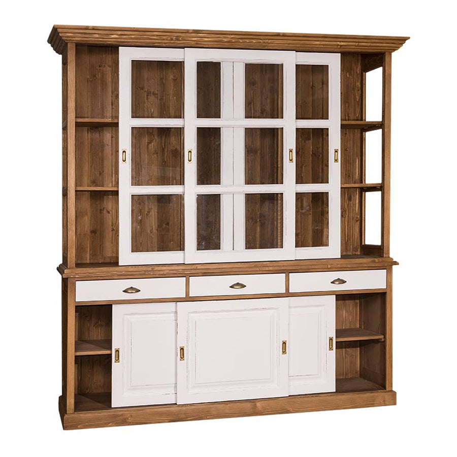 Nyitott polcos oldalsó részlet a MAISON tálalószekrényen.