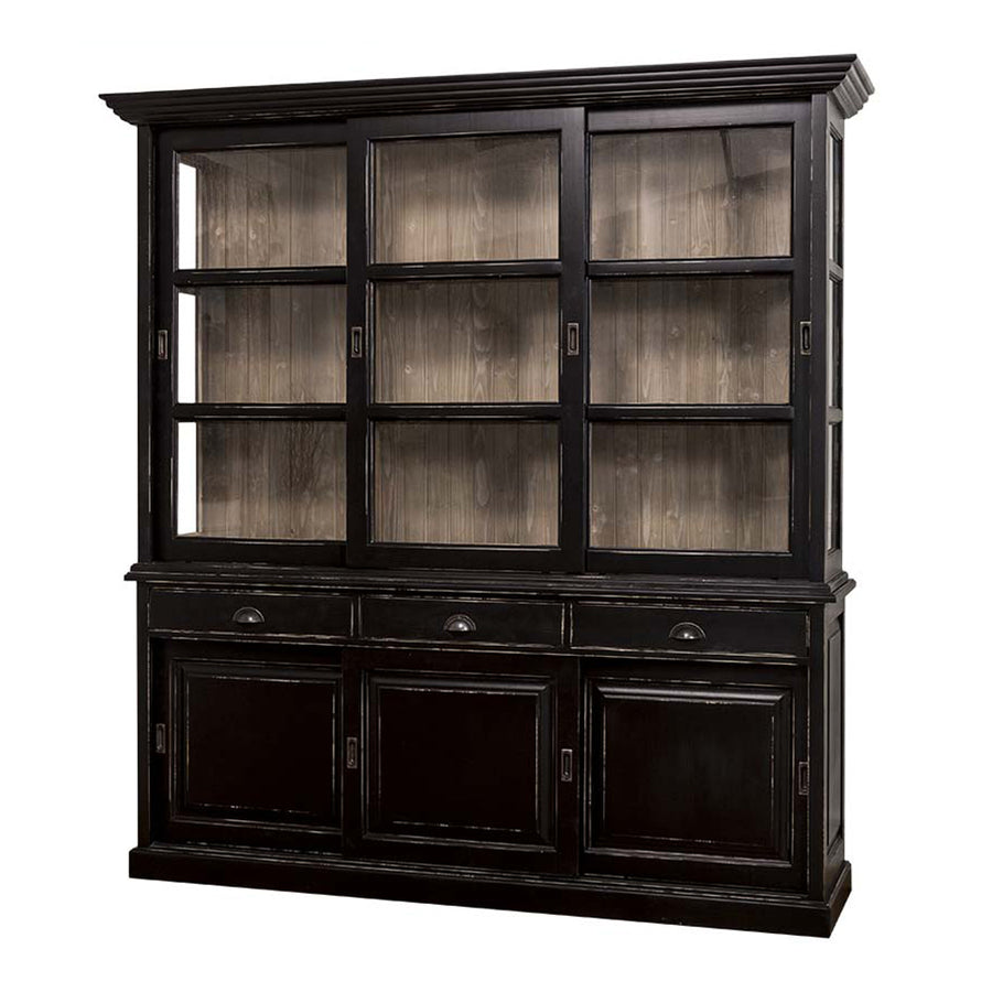 MAISON vitrines szekrény fekete színben, rusztikus részletekkel.