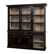 Fekete tálalószekrény oldalsó nyitott polcokkal és belső elrendezéssel.