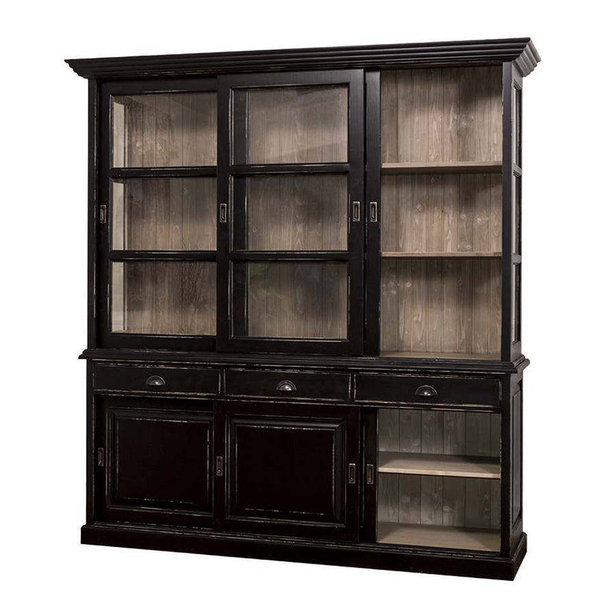 Fekete tálalószekrény oldalsó nyitott polcokkal és belső elrendezéssel.