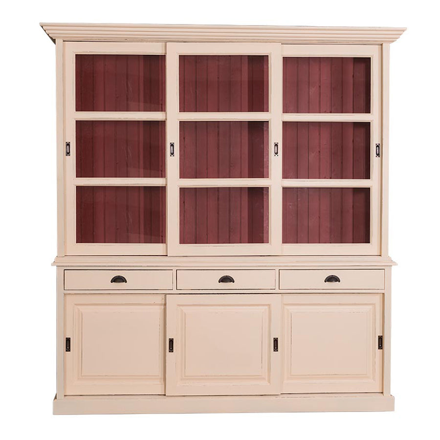 Bézs és bordó színkombinációjú MAISON tálalószekrény, üvegezett felső résszel.