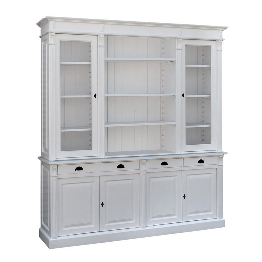 Fehér MAISON vitrines könyvszekrény, kazettás alsó résszel és fekete fém fogantyúkkal.